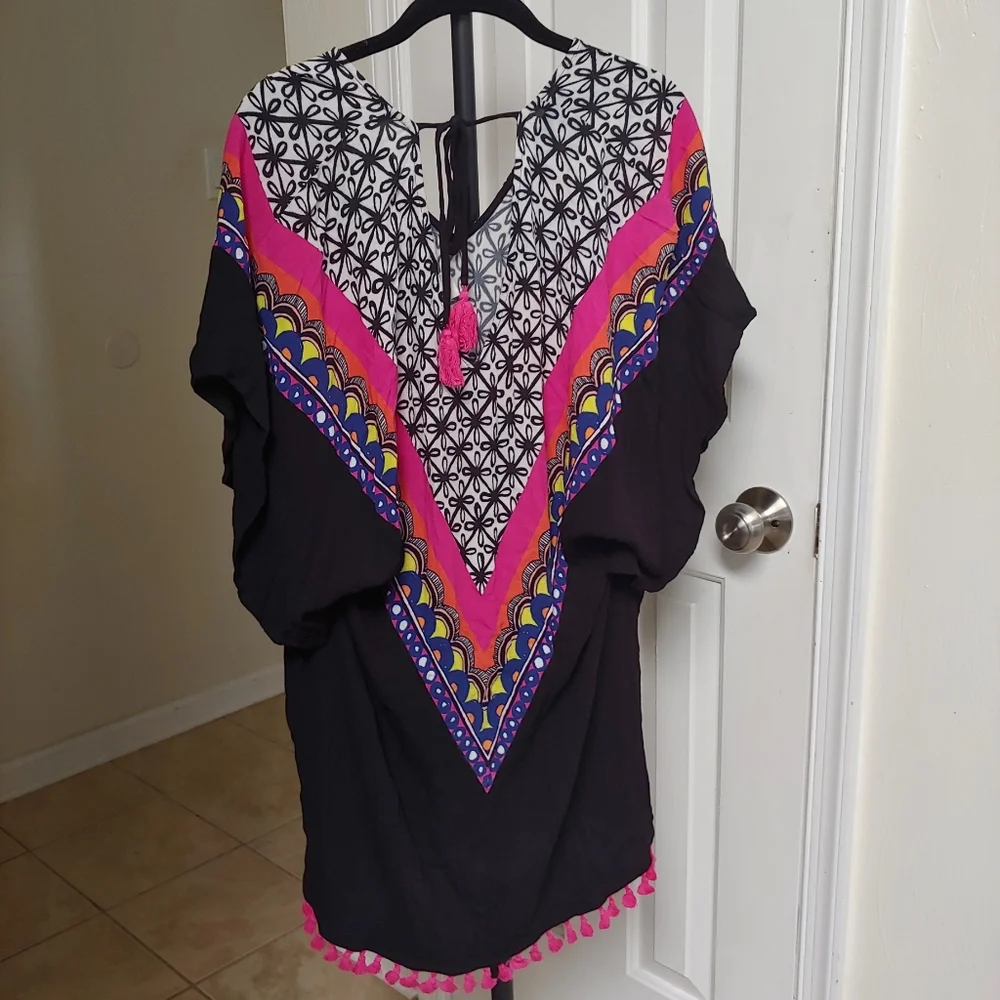 Trina Turk Black Swim Coverup with Pink and White Chevron Print